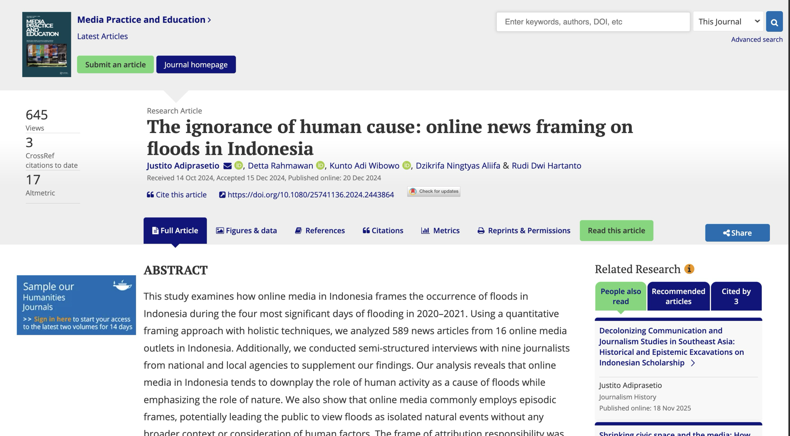 The ignorance of human cause: online news framing on floods in Indonesia